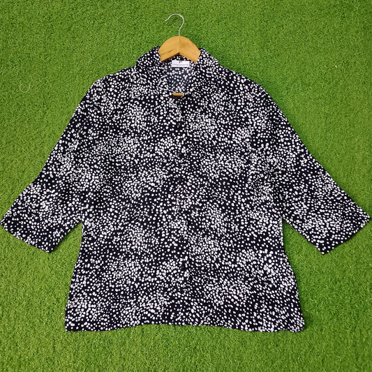 Black White Scattered Dot Print Classic Collar 3/4 Sleeve Shirt