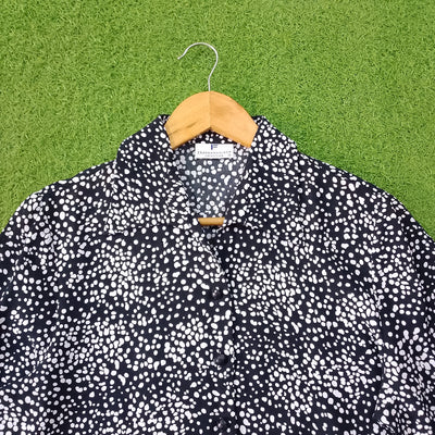 Black White Scattered Dot Print Classic Collar 3/4 Sleeve Shirt - Detail - alternate view