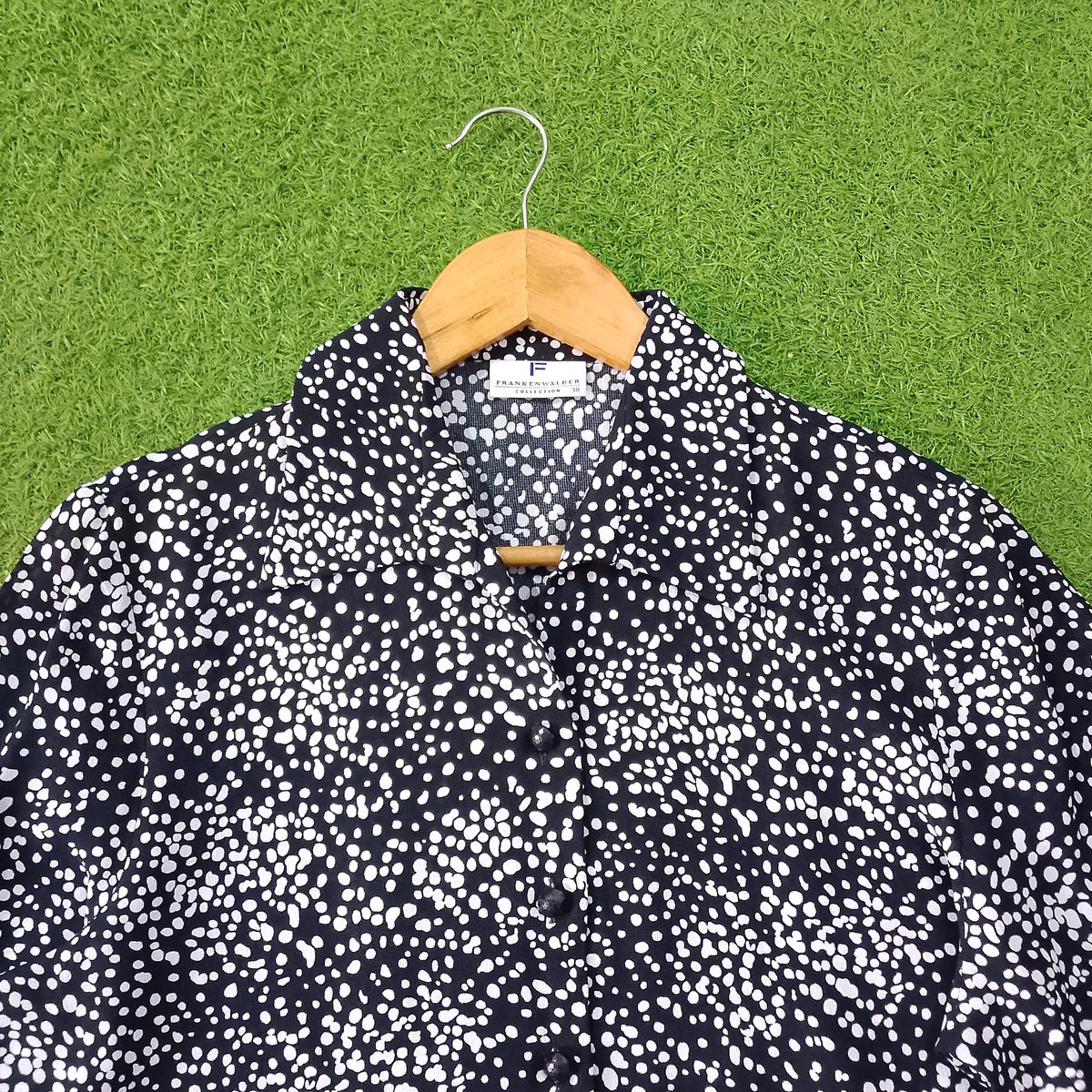 Black White Scattered Dot Print Classic Collar 3/4 Sleeve Shirt - Detail
