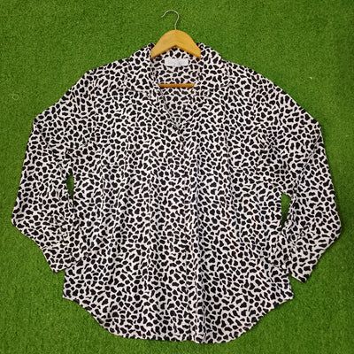 White Black Animal Print V-Neck Full Sleeve Relaxed Shirt