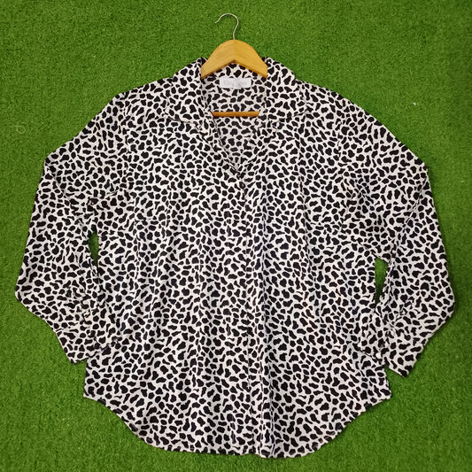 White Black Animal Print V-Neck Full Sleeve Relaxed Shirt