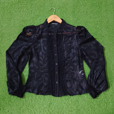 Black Tonal Floral Lace Trim Puff Sleeve Button-Down Blouse