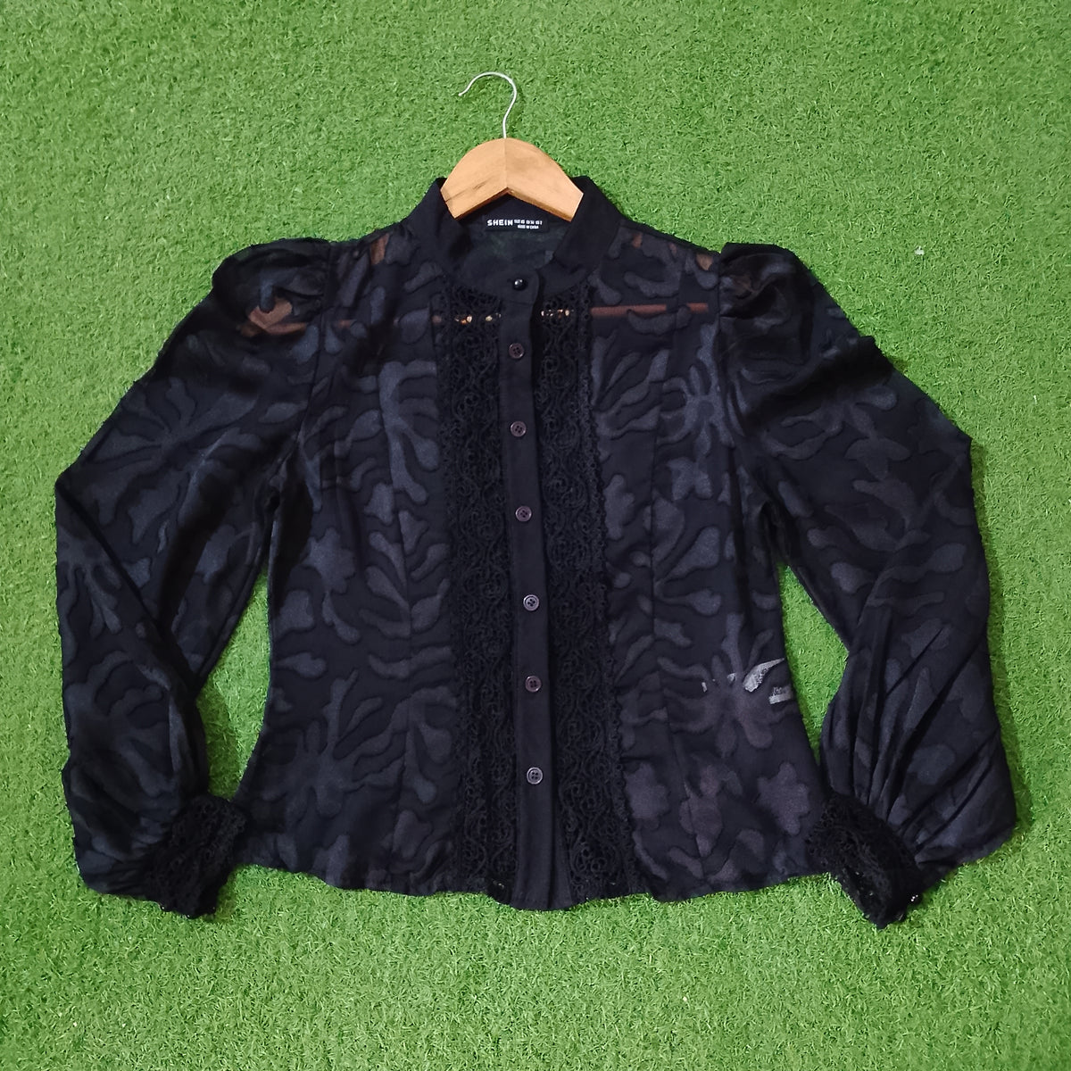 Black Tonal Floral Lace Trim Puff Sleeve Button-Down Blouse