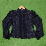 Black Tonal Floral Lace Trim Puff Sleeve Button-Down Blouse