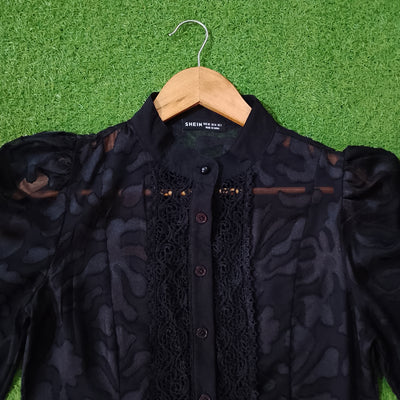 Black Tonal Floral Lace Trim Puff Sleeve Blouse - Detail - alternate view