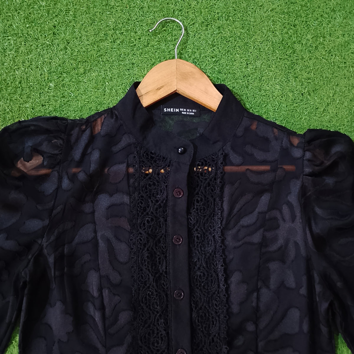 Black Tonal Floral Lace Trim Puff Sleeve Blouse - Detail