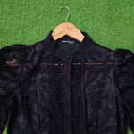 Black Tonal Floral Lace Trim Puff Sleeve Blouse - Detail