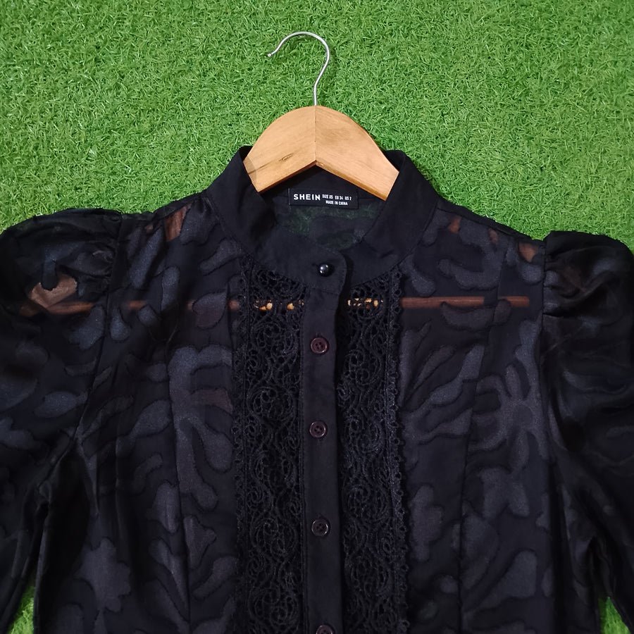 Black Tonal Floral Lace Trim Puff Sleeve Blouse - Detail - alternate view