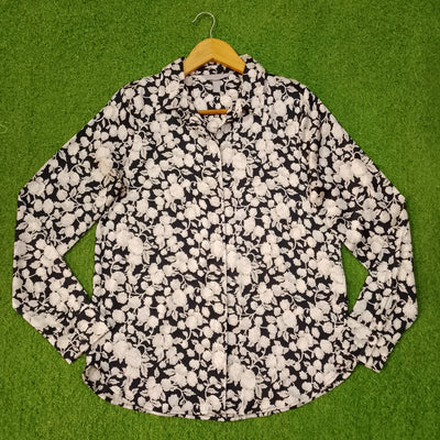 Black White Floral Print Concealed Placket Classic Collar Full Sleeve Shirt