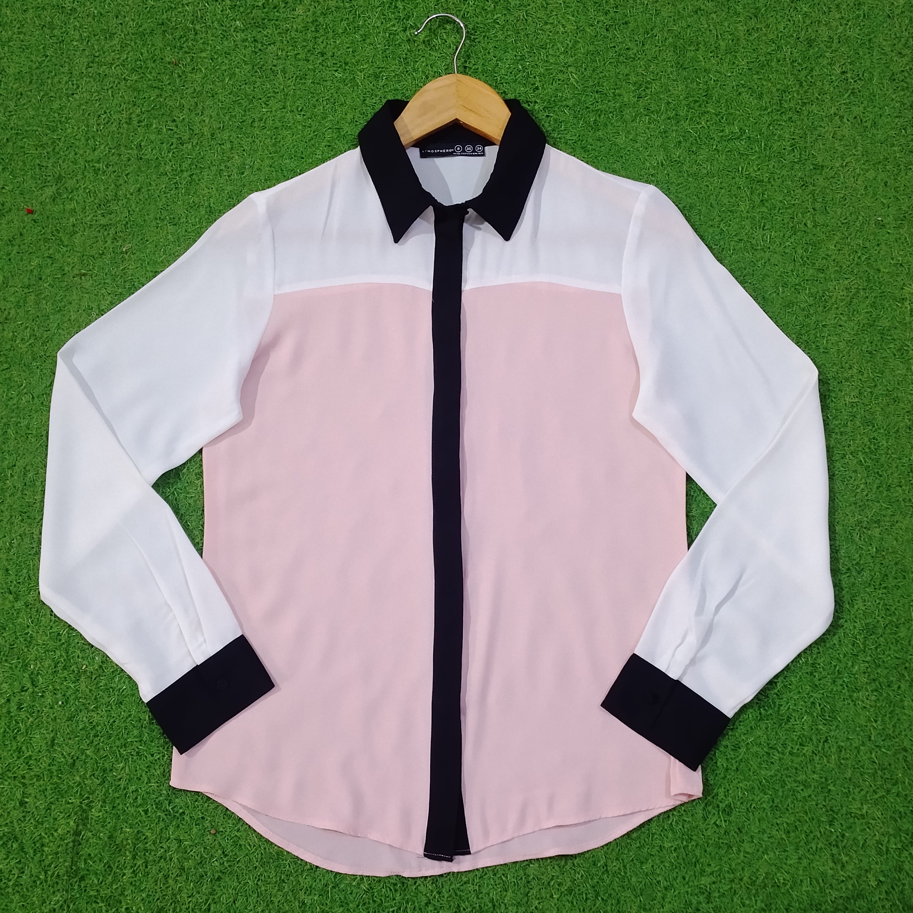 Pink White Color Block Full Sleeve Shirt - Front View