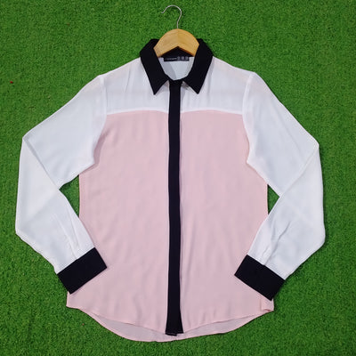 Pink White Color Block Full Sleeve Shirt - Front View
