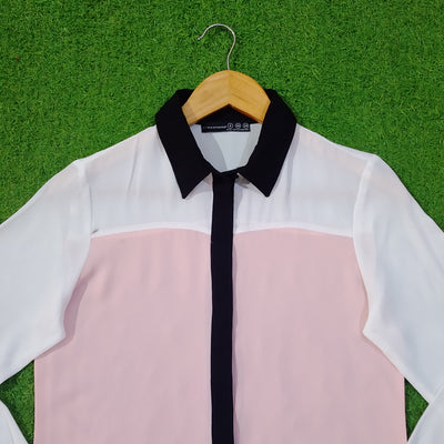 Pink White Color Block Full Sleeve Shirt - Collar Detail - alternate view