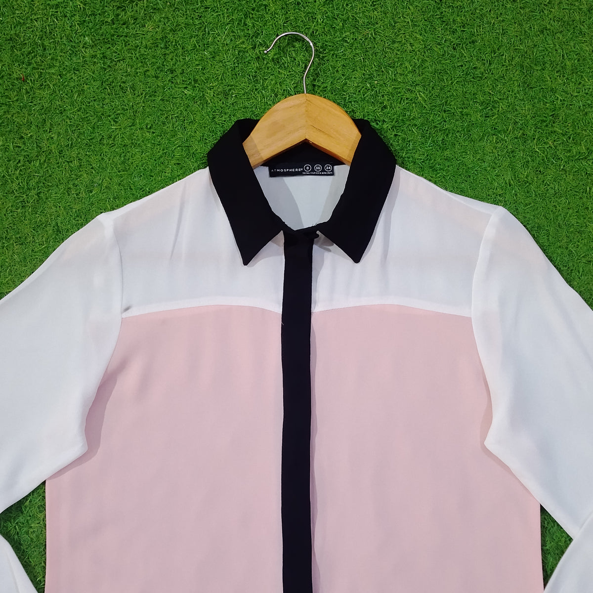 Pink White Color Block Full Sleeve Shirt - Collar Detail