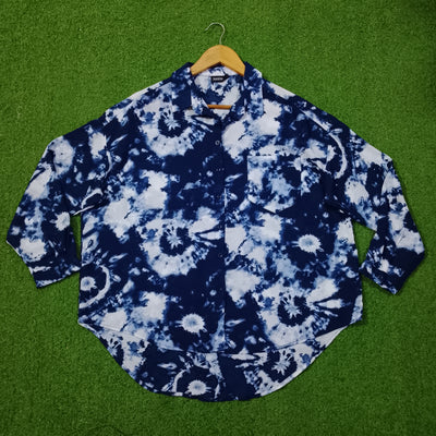 Navy Blue White Tie-Dye Drop Shoulder Chest Pocket 3/4 Sleeve Shirt - alternate view