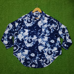 Navy Blue White Tie-Dye Drop Shoulder Chest Pocket 3/4 Sleeve Shirt
