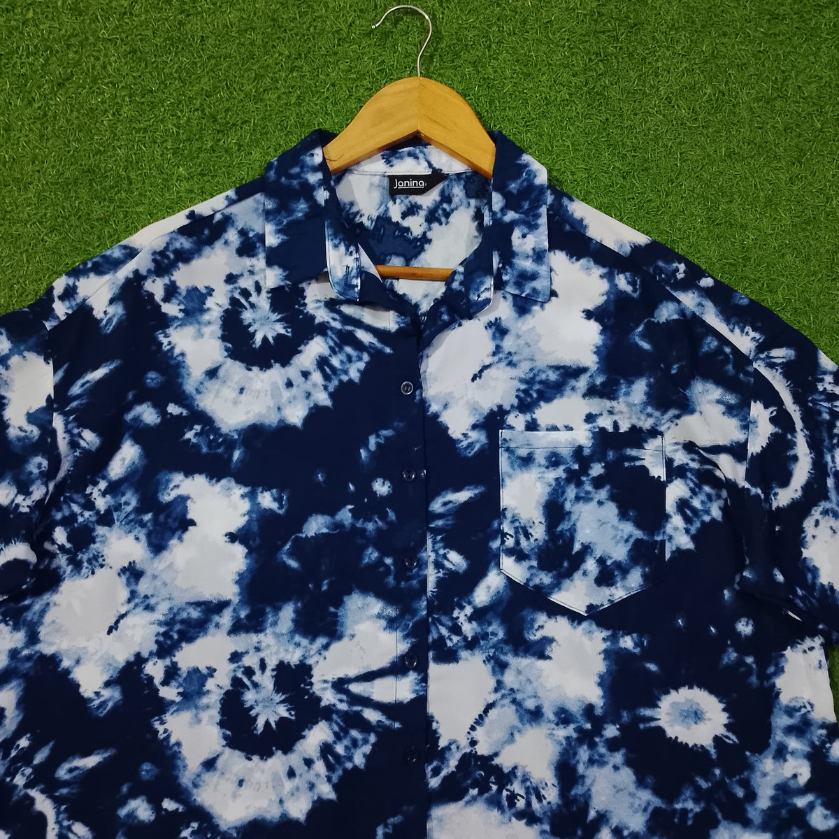 Navy Blue White Tie-Dye Drop Shoulder Chest Pocket 3/4 Sleeve Shirt