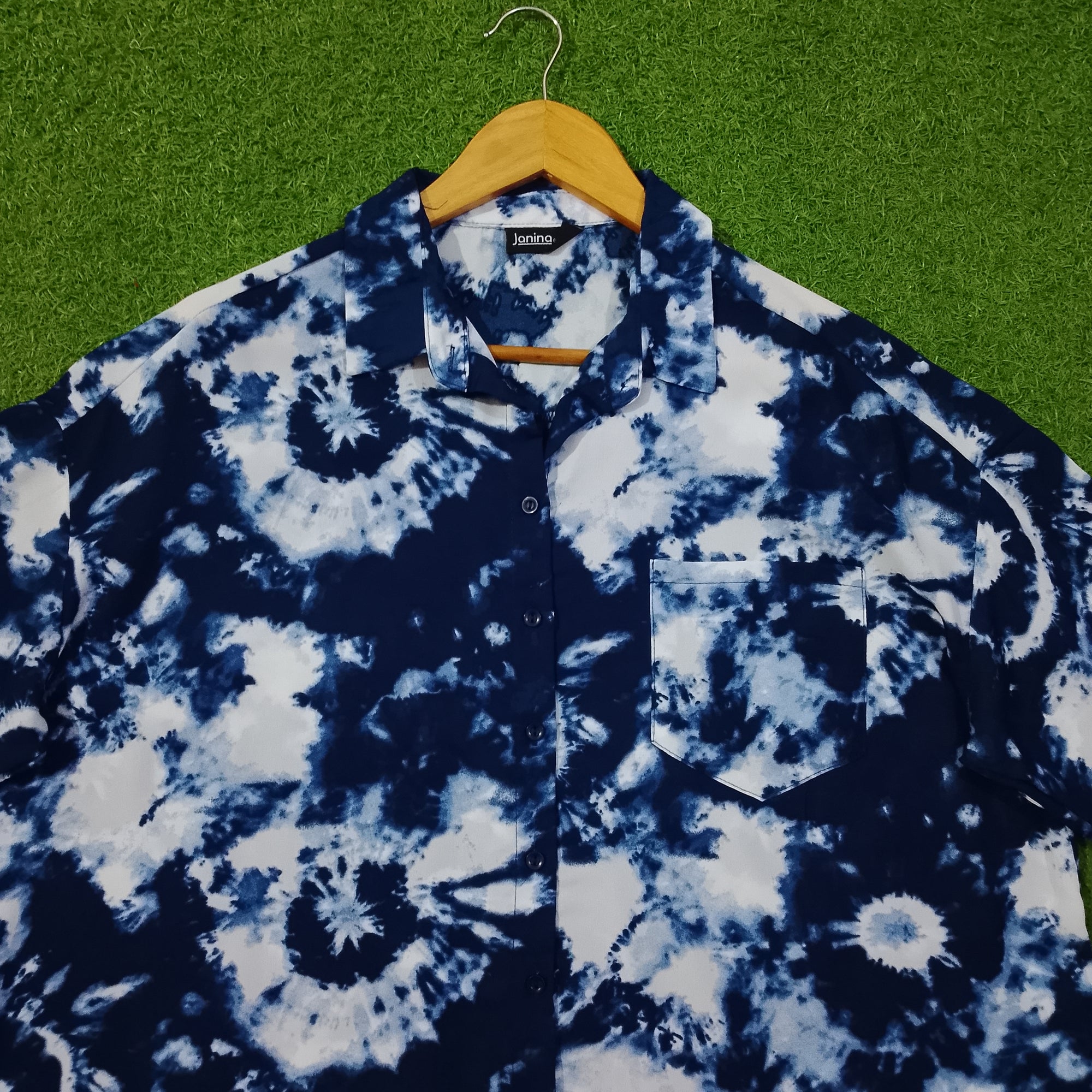 Navy Blue White Tie-Dye Drop Shoulder Chest Pocket 3/4 Sleeve Shirt