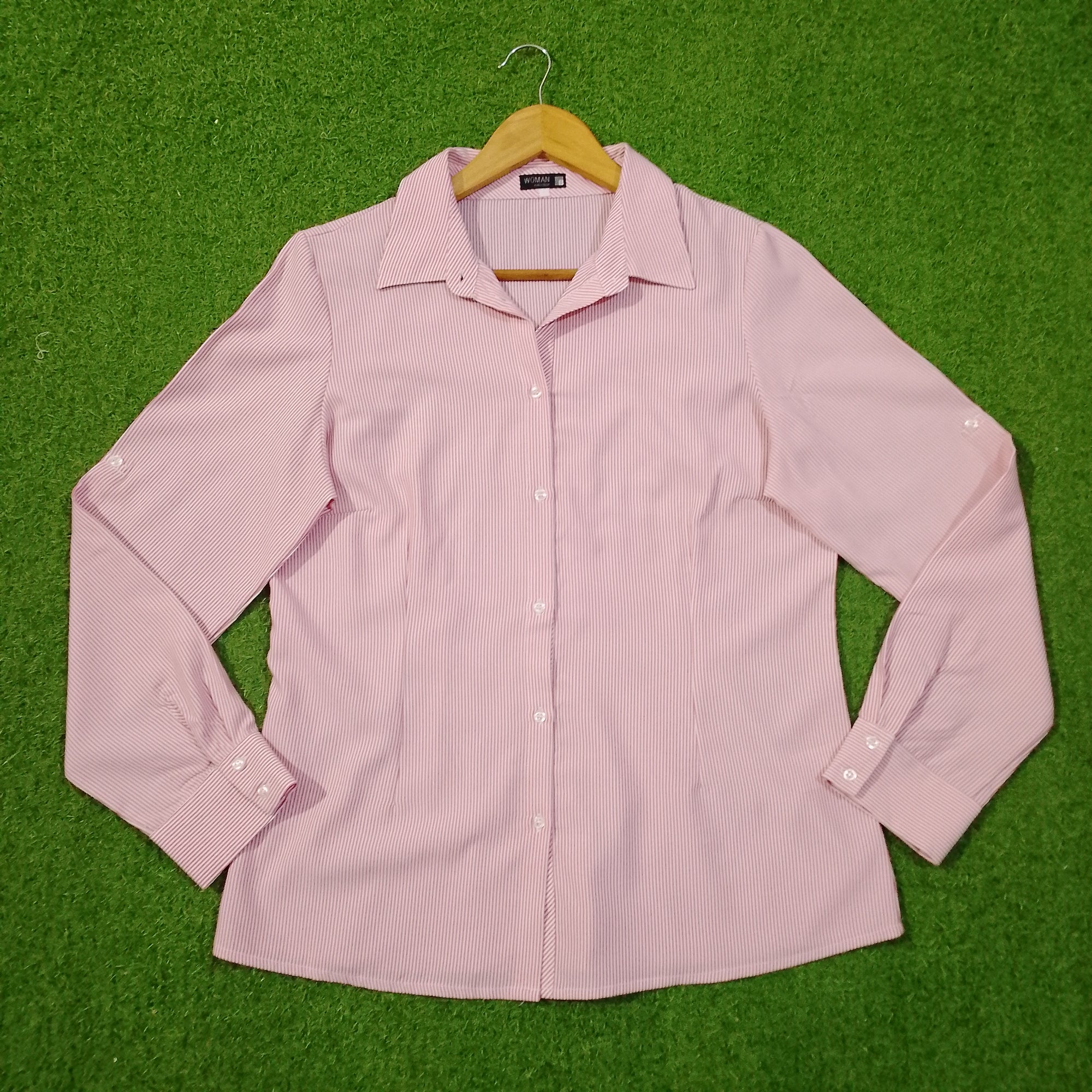 Pink White Pinstripe Full Sleeve Button-Down Shirt - Front View