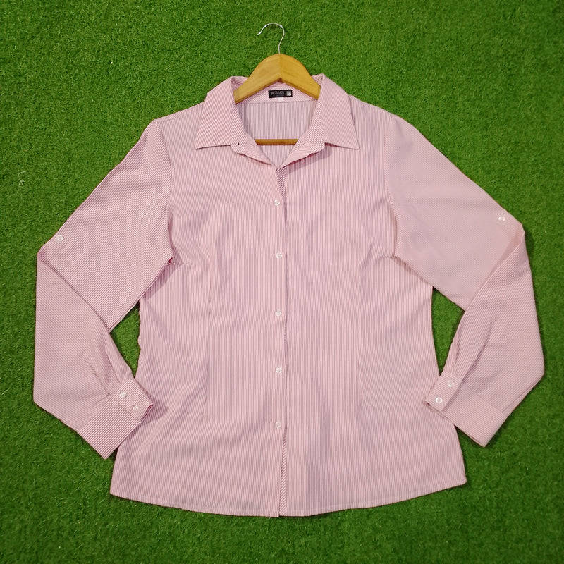 Pink White Pinstripe Full Sleeve Button-Down Shirt - Front View