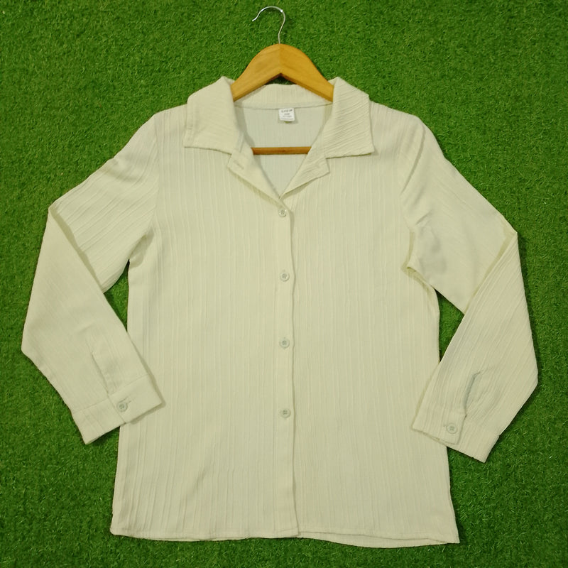 Cream Ribbed Texture Full Sleeve Shirt - Front View