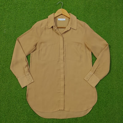 Camel Solid Longline Full Sleeve Shirt with Dual Chest Pockets - Front View