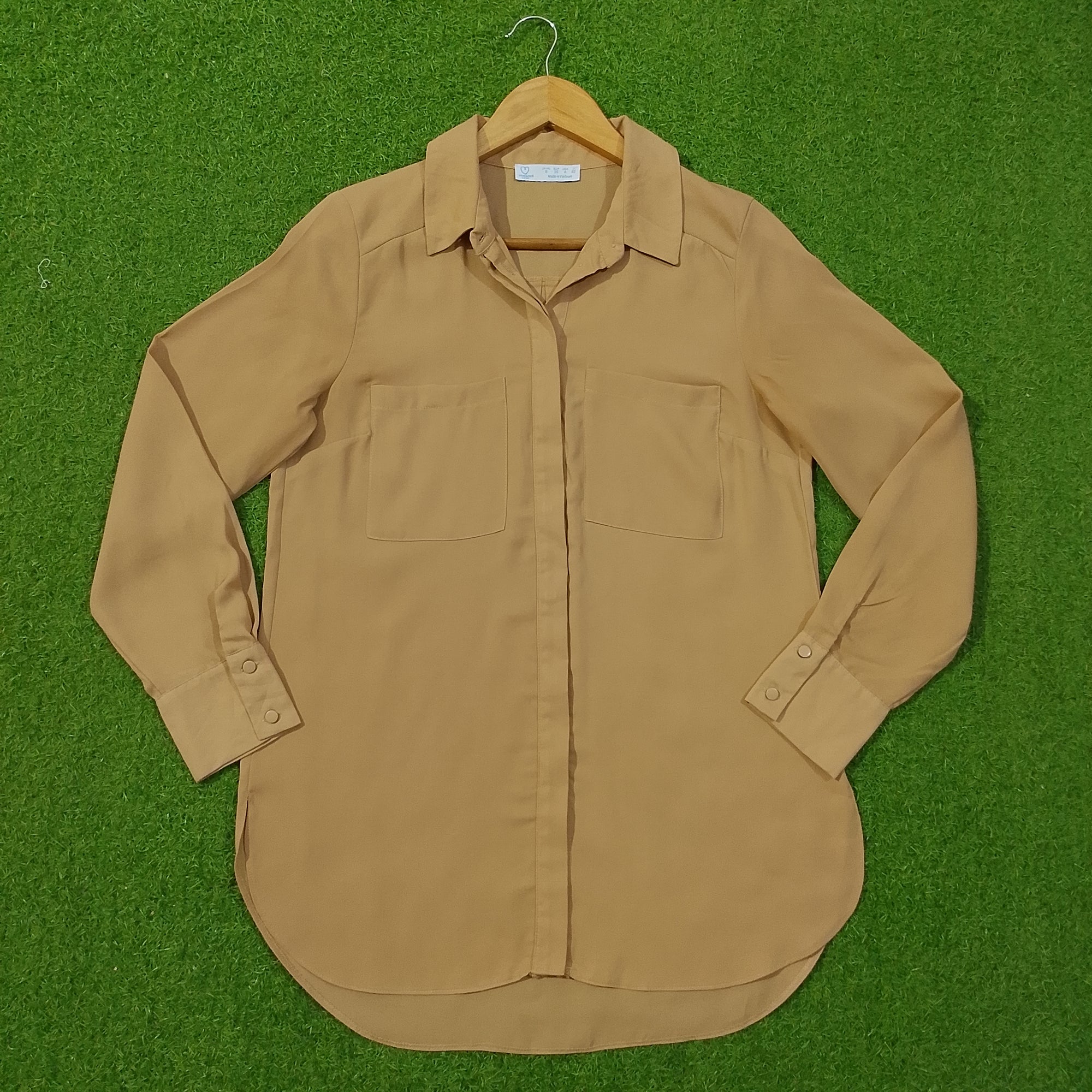 Camel Solid Longline Full Sleeve Shirt with Dual Chest Pockets - Front View