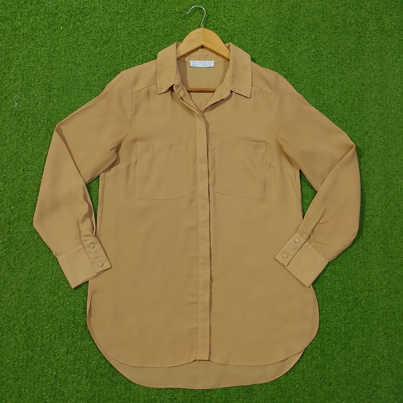 Camel Solid Longline Full Sleeve Shirt with Dual Chest Pockets - Front View