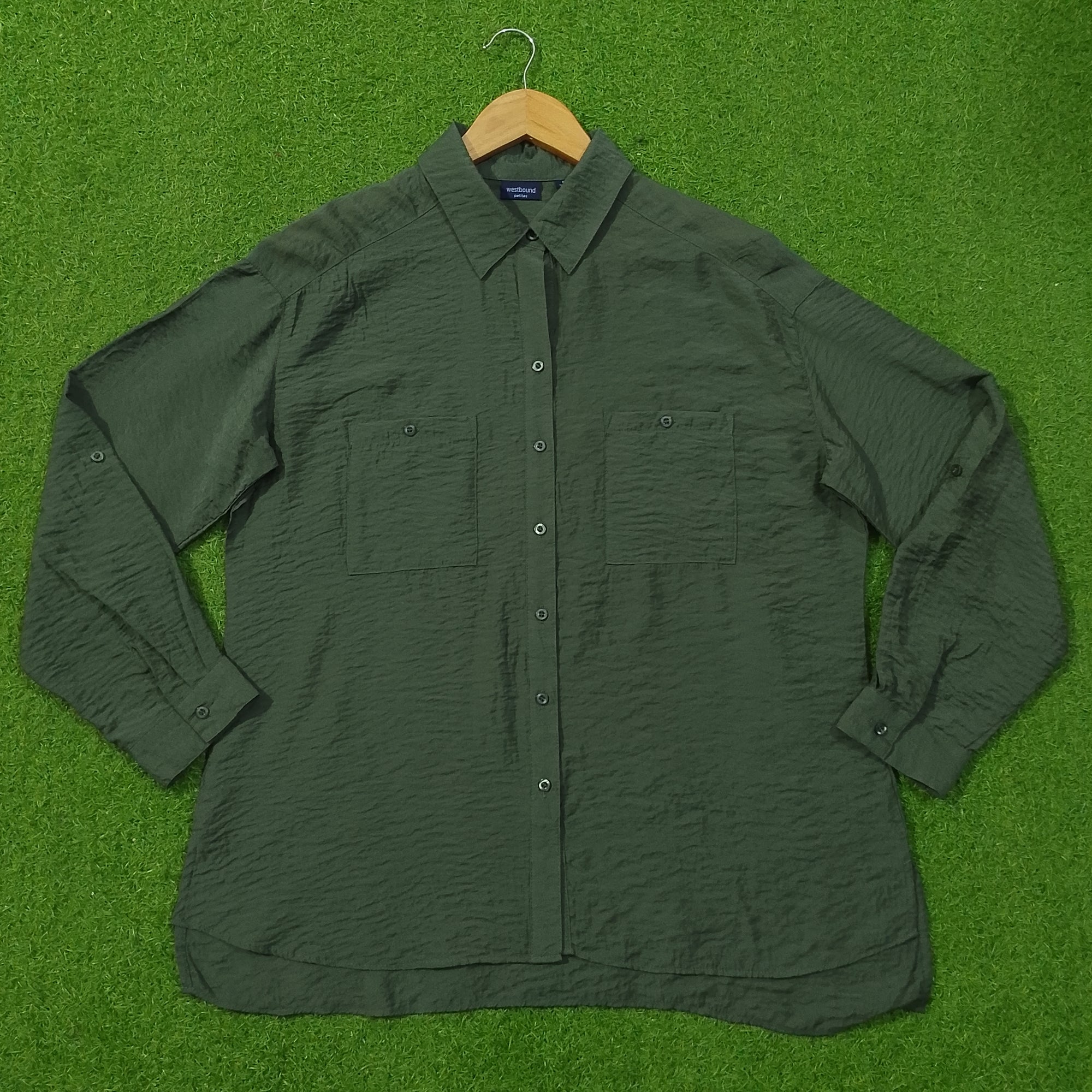 Olive Green Crush Silk Full Sleeve Shirt - Front View