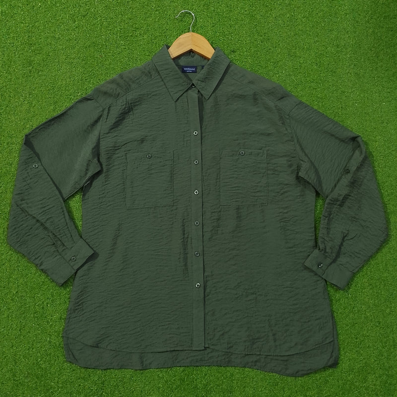 Olive Green Crush Silk Full Sleeve Shirt - Front View