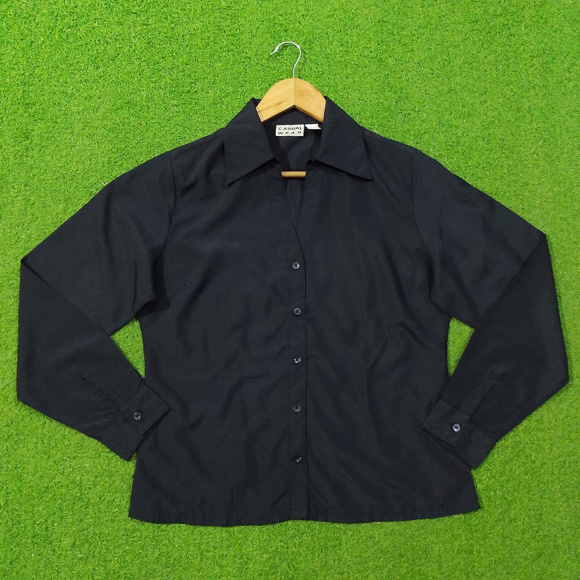 Black Solid Full Sleeve Button-Down Shirt - Front View