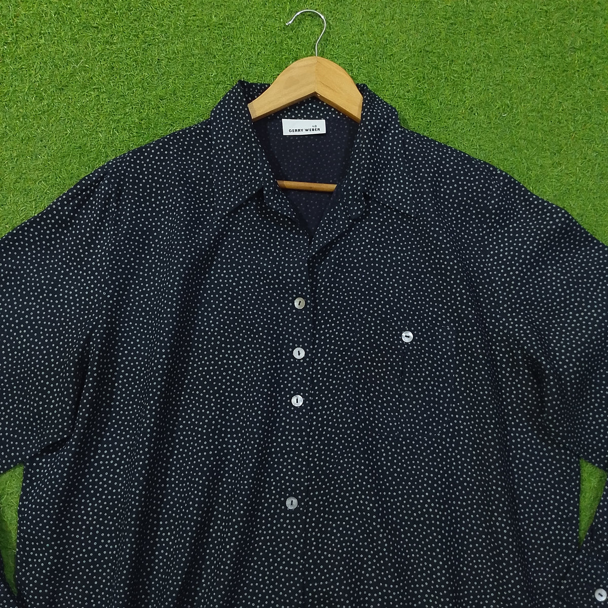Navy Blue Micro Dot Print Classic Collar Full Sleeve Shirt - Detail