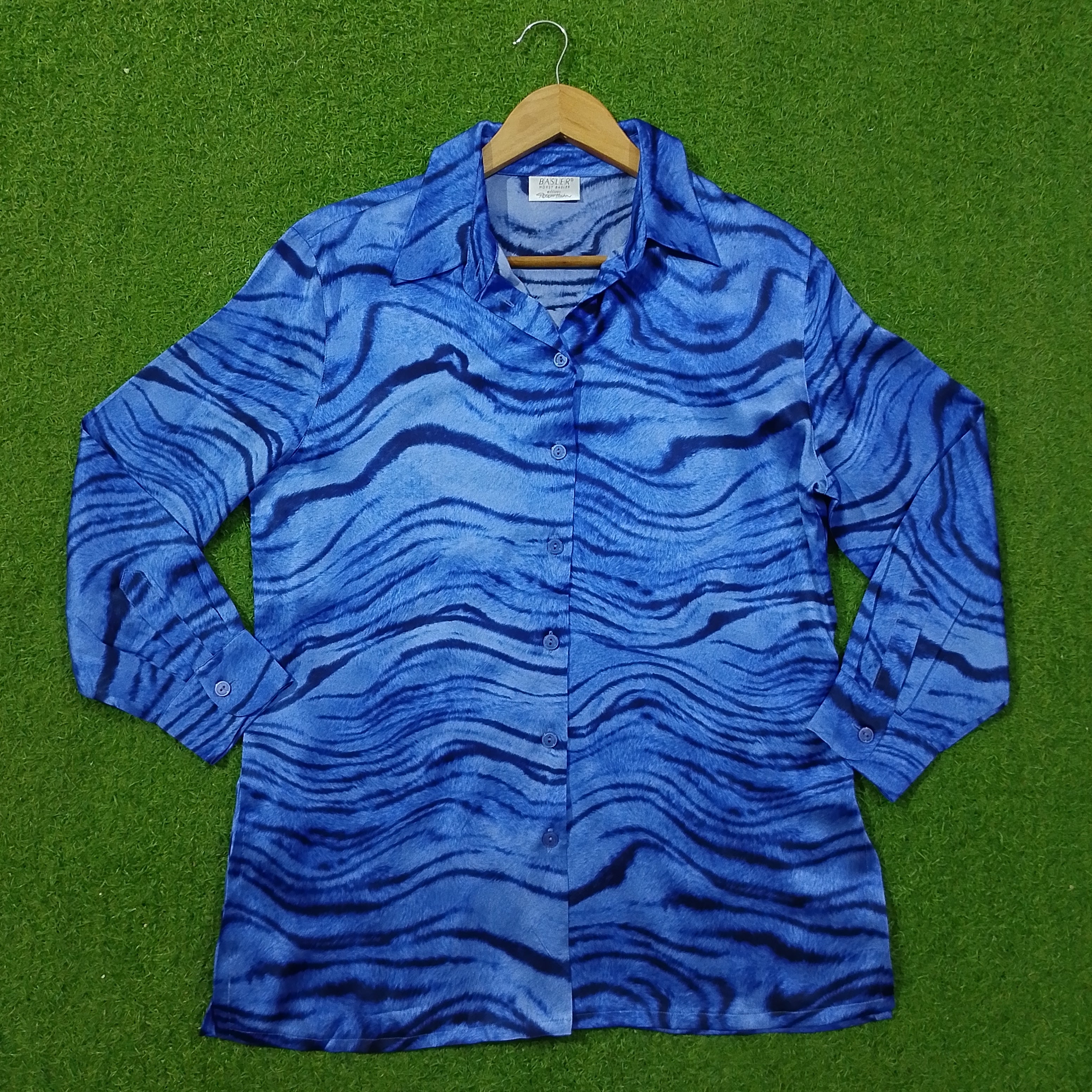 Blue Abstract Wave Print Full Sleeve Button-Down Shirt - Front View