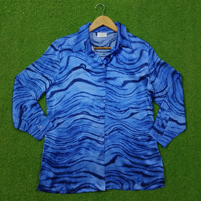 Blue Abstract Wave Print Full Sleeve Button-Down Shirt - Front View
