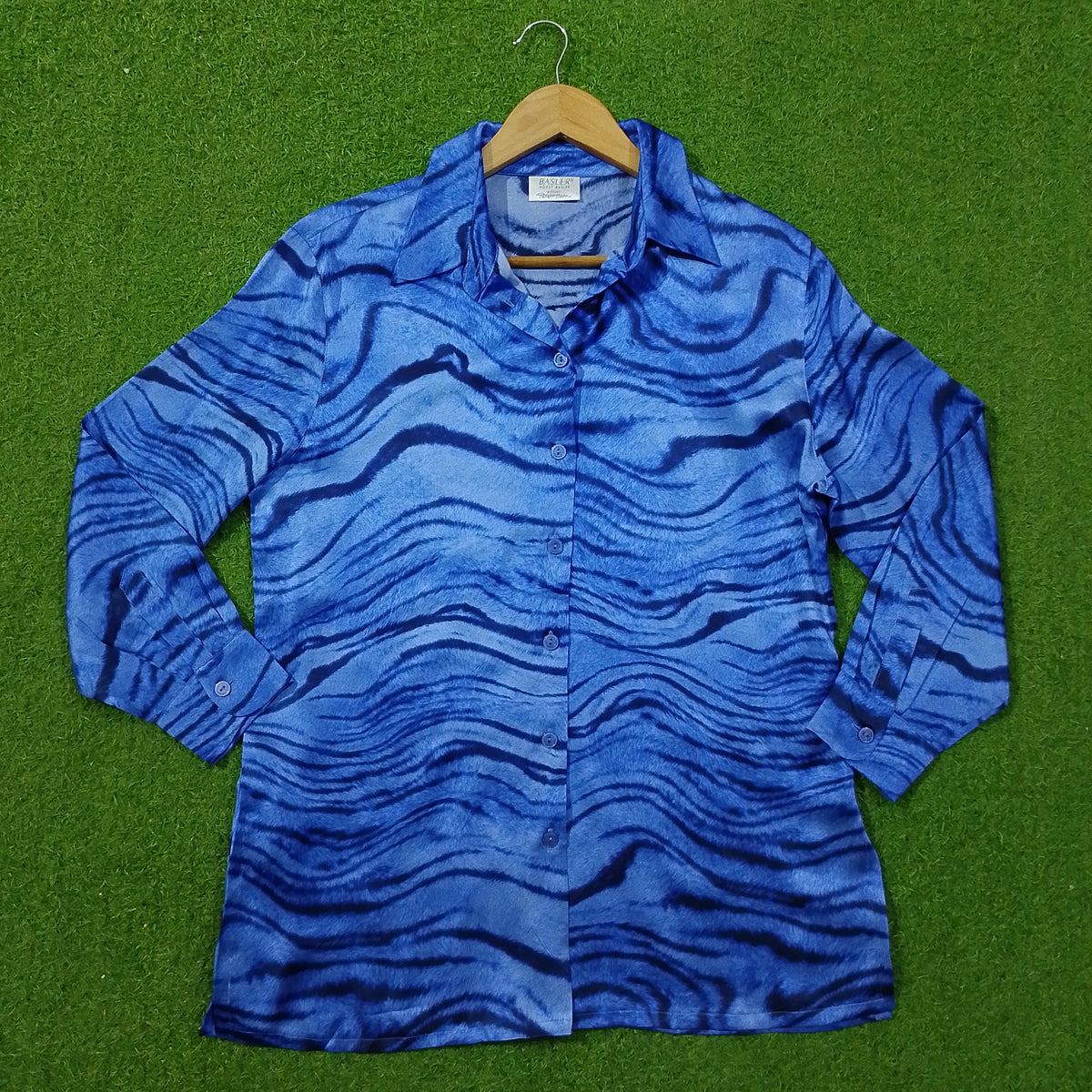 Blue Abstract Wave Print Full Sleeve Button-Down Shirt - Front View