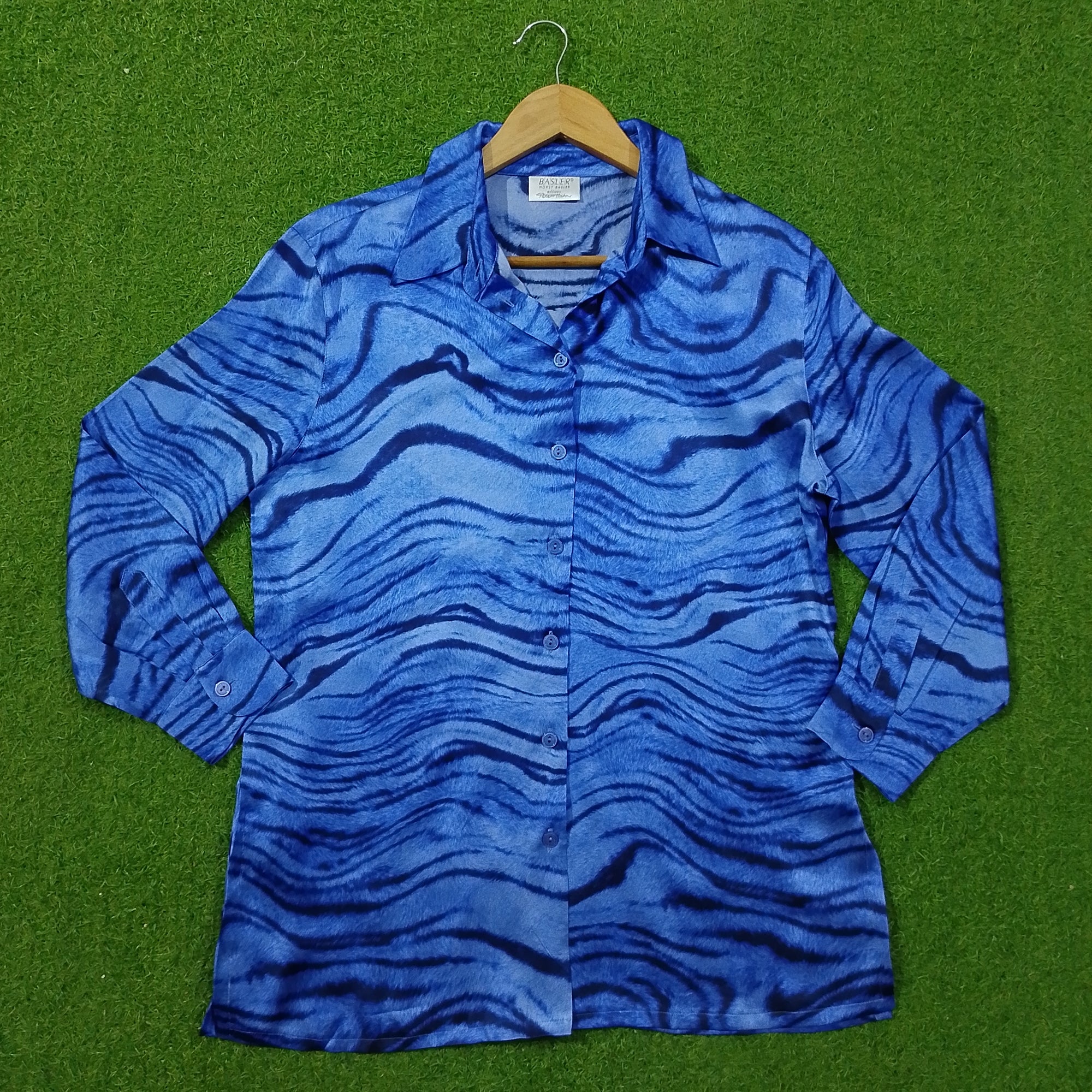 Blue Abstract Wave Print Full Sleeve Button-Down Shirt - Front View