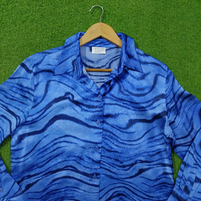 Blue Abstract Wave Print Full Sleeve Button-Down Shirt - Collar Detail - alternate view