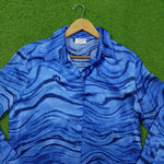 Blue Abstract Wave Print Full Sleeve Button-Down Shirt - Collar Detail