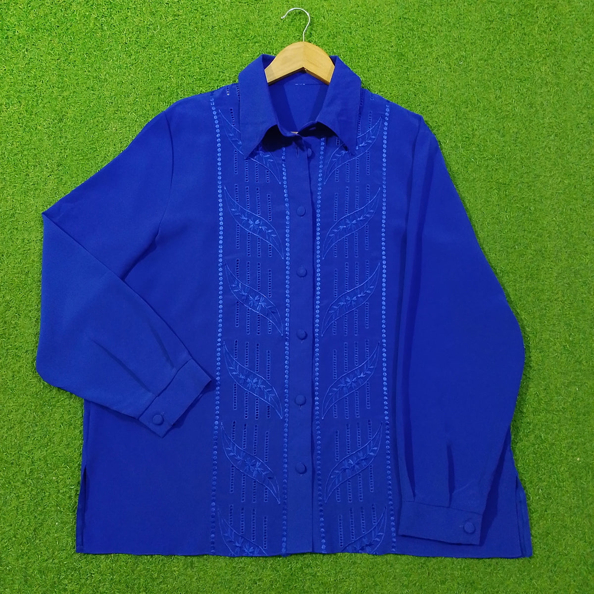 Royal Blue Tonal Eyelet Embroidered Classic Collar Full Sleeve Shirt