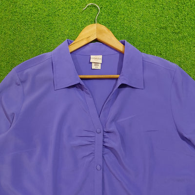 Purple Ruched Button-Down 3/4 Sleeve Shirt - Detail View - alternate view