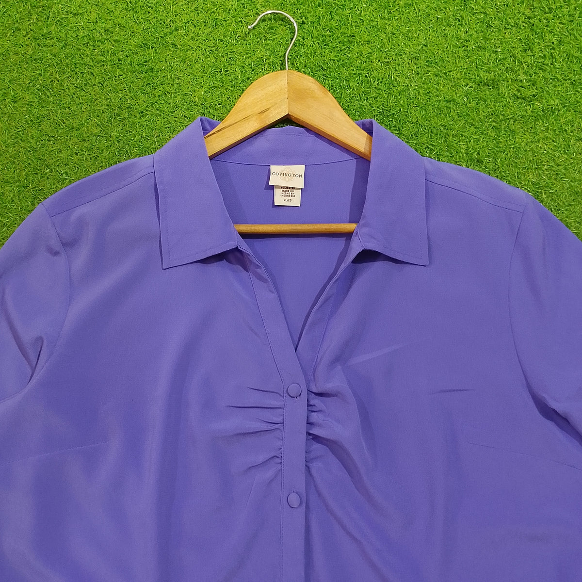Purple Ruched Button-Down 3/4 Sleeve Shirt - Detail View