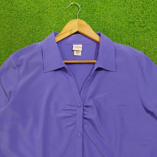 Purple Ruched Button-Down 3/4 Sleeve Shirt - Detail View - alternate view
