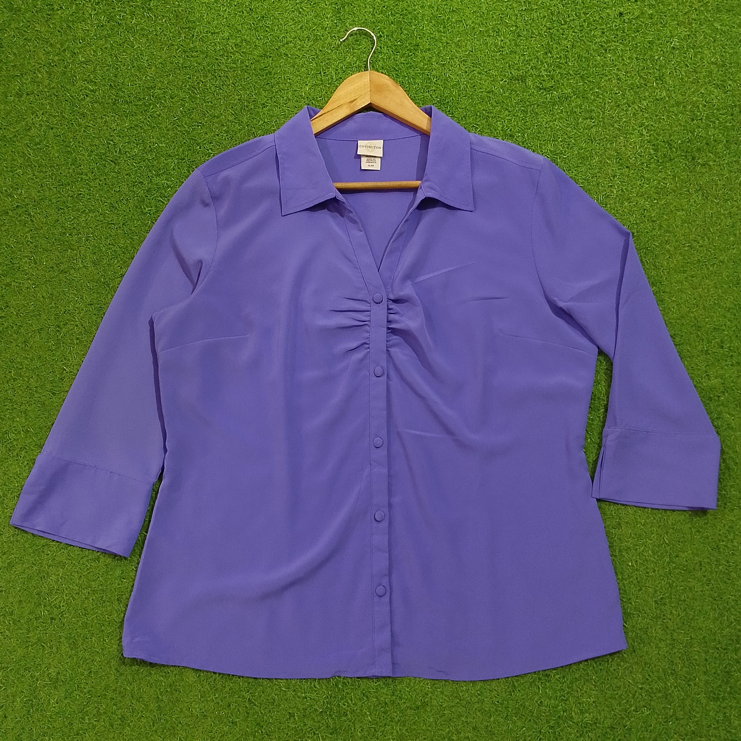 Purple Ruched Button-Down 3/4 Sleeve Shirt - Front View