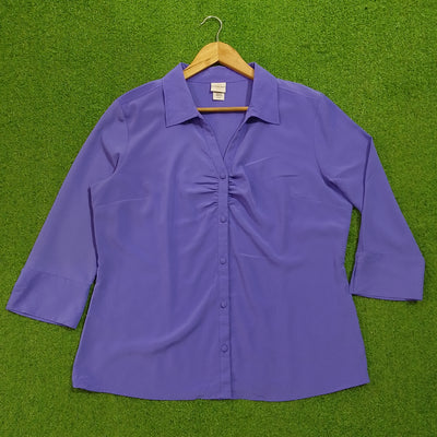 Purple Ruched Button-Down 3/4 Sleeve Shirt - Front View