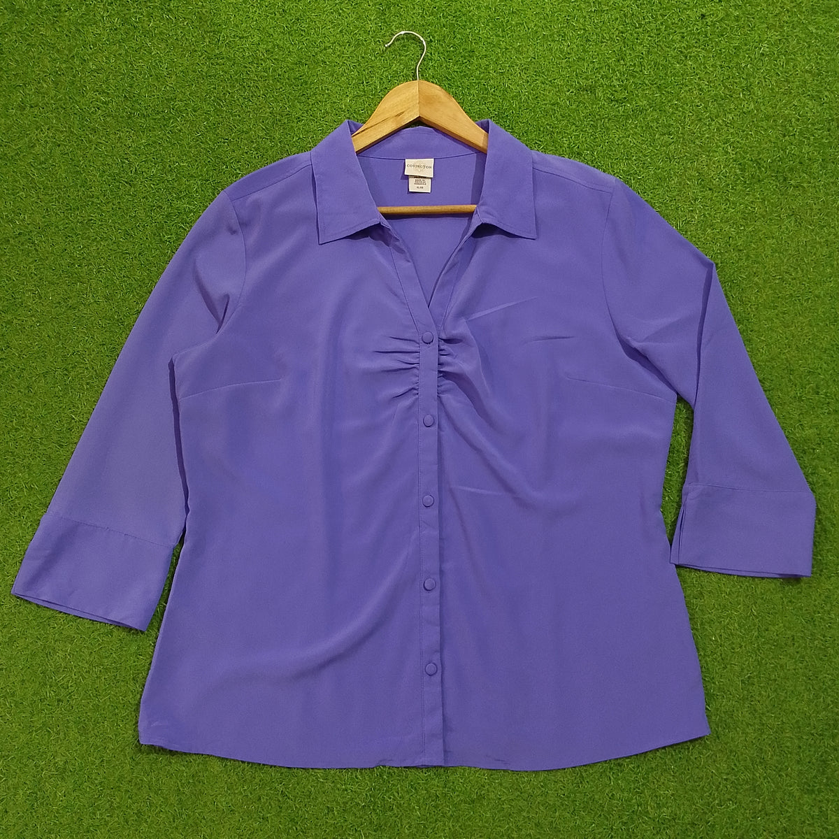 Purple Ruched Button-Down 3/4 Sleeve Shirt - Front View