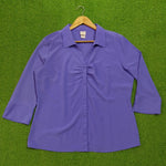 Purple Ruched Button-Down 3/4 Sleeve Shirt - Front View