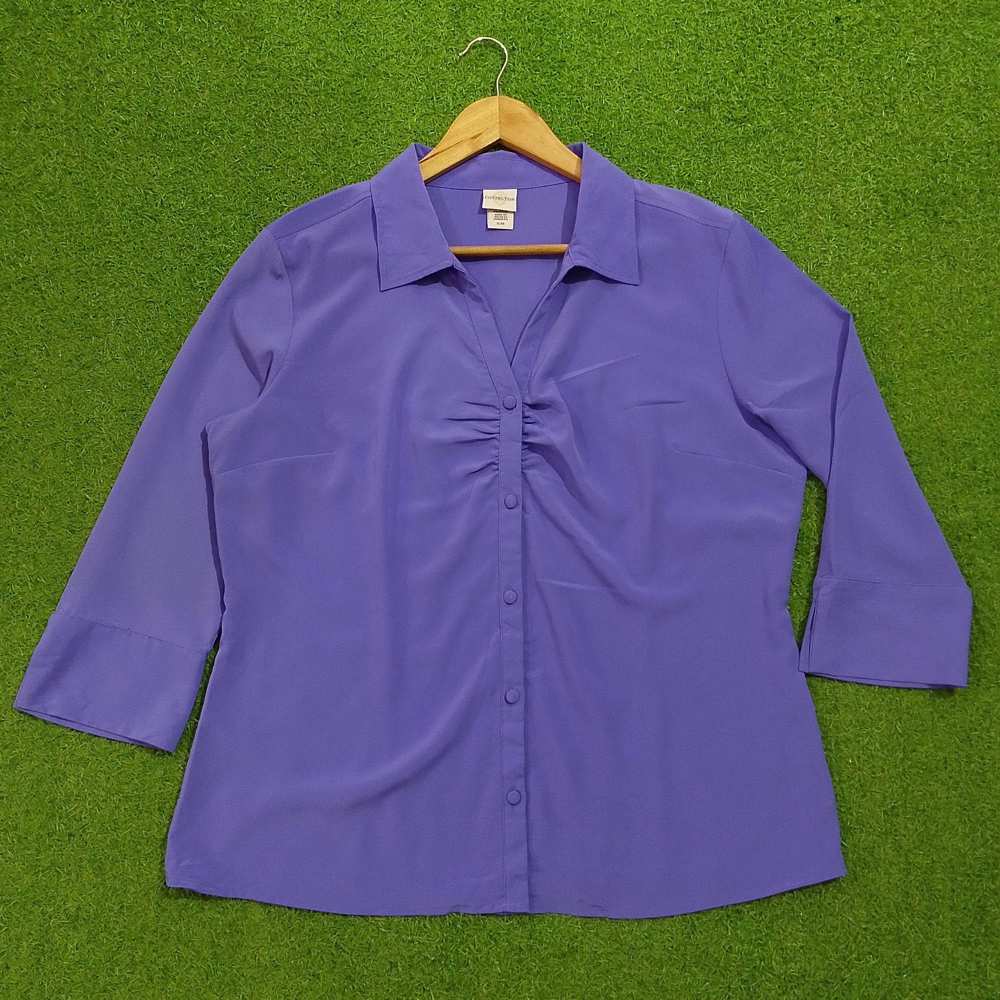 Purple Ruched Button-Down 3/4 Sleeve Shirt - Front View