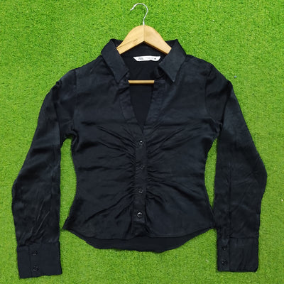 Black ruched front collared silk shirt - neckline detail - alternate view