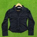 Black ruched front collared silk shirt - neckline detail
