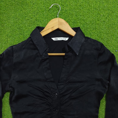 Black ruched front collared silk shirt - full view