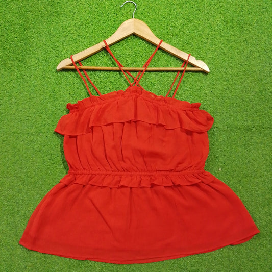 Red off-shoulder ruffle criss-cross strap peplum top - front view - alternate view